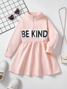 年轻女孩前拉链字母印花拼色长袖连衣裙 - 粉色 - 查看 1