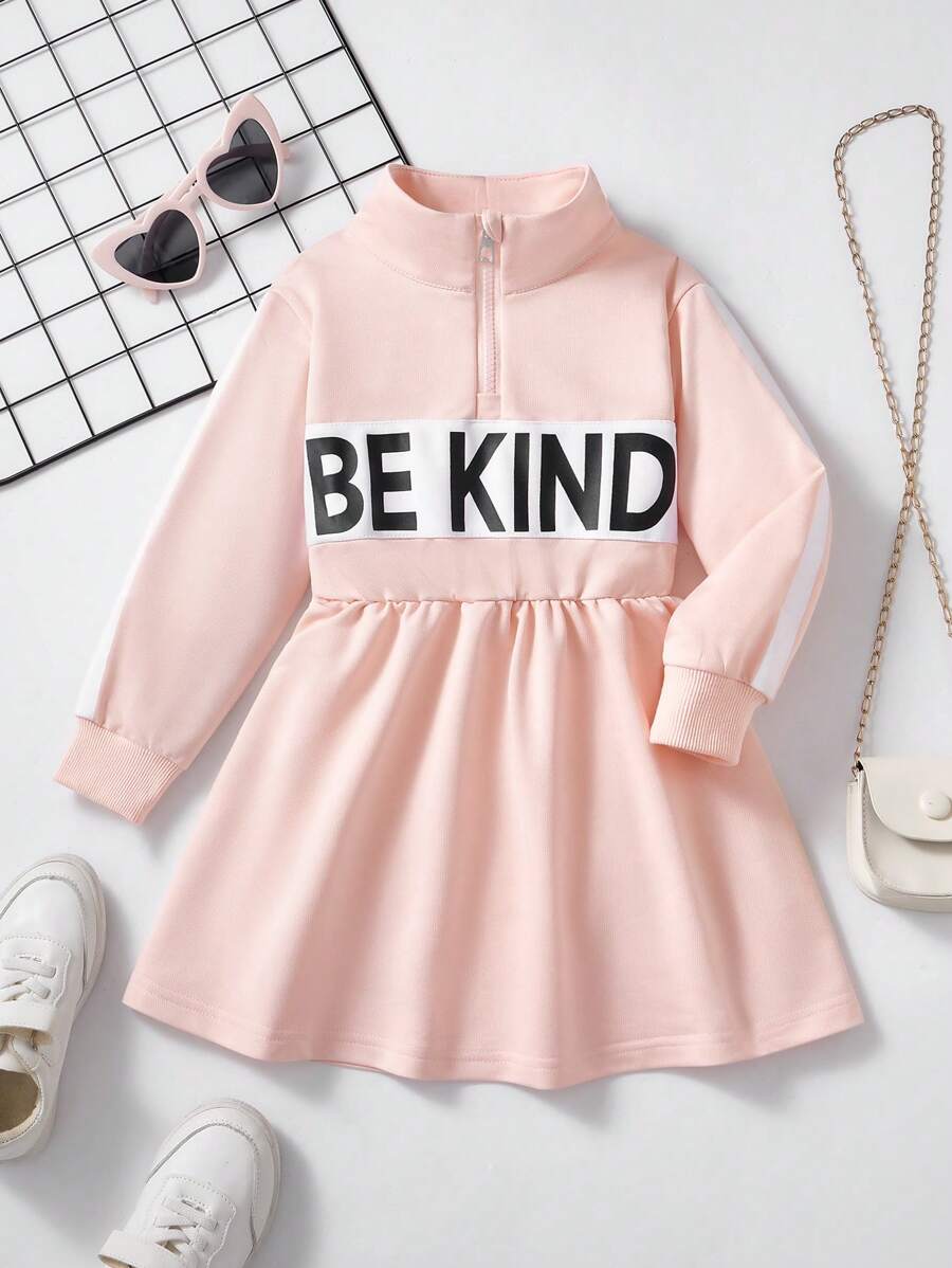 年轻女孩前拉链字母印花拼色长袖连衣裙 - 粉色 - 查看 1