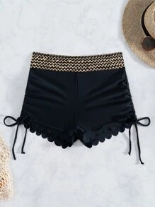 女士针织亮片荷叶边抽绳腰沙滩短裤，夏季