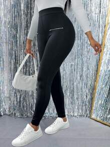 Lyxana 女式黑色针织紧身拉链打底裤，秋季新品 - 黑色 - 查看 5