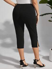 EMERY ROSE Plus Size Solid Color Elastic Waist Split Hem Capri Pants - Black - View 2