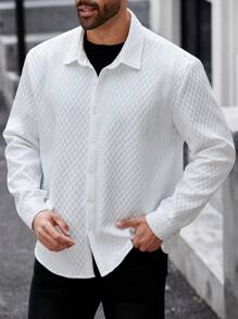 Manfinity Homme Camisa casual de manga larga con un solo pecho de unicolor para hombres de talla grande, otoño - Blanco - Ver 3