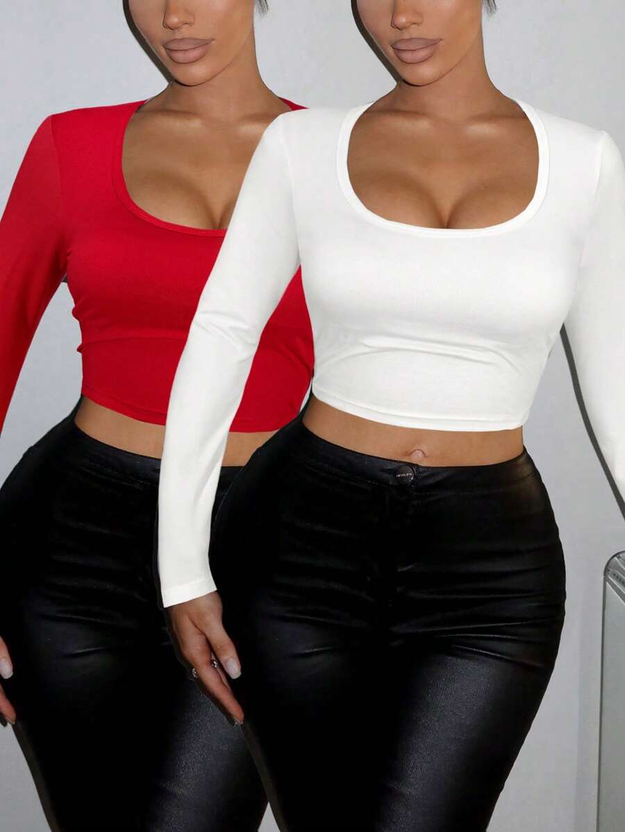 SHEIN SXY 2pcs/Set Sexy Wide Collar Long Sleeve Bodycon T-Shirt - Red - View 1