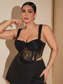 SHEIN BAE Plus Size Black Lace Sheer Sexy Top, Suitable For Dating, Party, Afternoon Tea, Summer Women Tops, Christmas Corset, Milkmaid Top, Holiday Women Tops, Sexy, Alternative Style, Y2K, New Year - Black - View 2