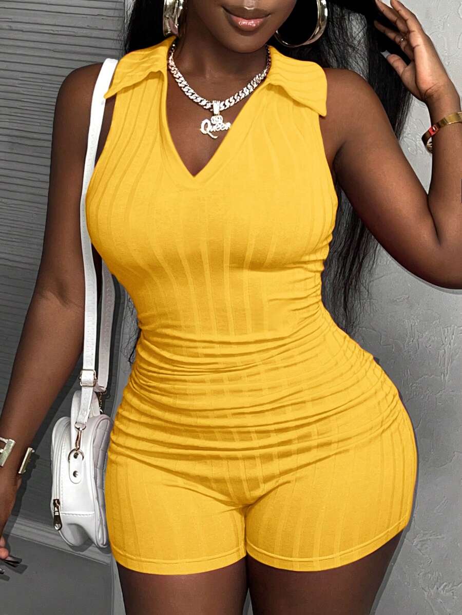 Slaydiva New Casual Streetwear Ribbed Knitted Bodycon Short Jumpsuit