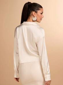 SHEIN BAE Áo cánh dài tay cổ vuông thanh lịch cho nữ, mùa thu - Màu be - Xem 2