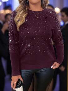 SHEIN Clasi Suéter con cuello redondo, manga larga y adornos de strass, talla grande