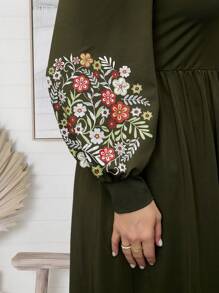 EMERY ROSE 大码花卉印花圆领长袖休闲连衣裙，适合春季、情人节、女士优雅服装 - 軍綠色 - 查看 7