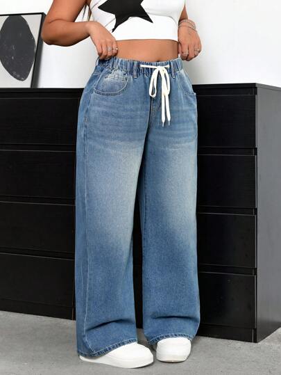 SHEIN ICON Women's Plus Size Drawstring Waist Loose Straight Leg Jeans With Pockets, Casual And Versatile