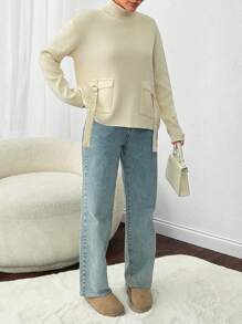 EURMUSE 1pc Women's Solid Color High Neck Long Sleeve Pocket Minimalist Casual Top