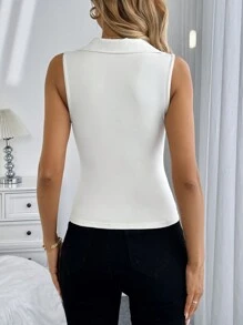 SHEIN LUNE 女式 Polo 领修身运动背心，休闲而优雅，适合日常穿着和休闲外出上衣 - 白色 - 查看 3