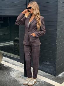 SHEIN LUNE Retro Plaid Collar Pocket Waist Cinched Blazer Jacket And Cinched Waist Tapered Leg Pants Casual Commuter Elegant Suit Set For Women, Autumn/Winter Winter Sets