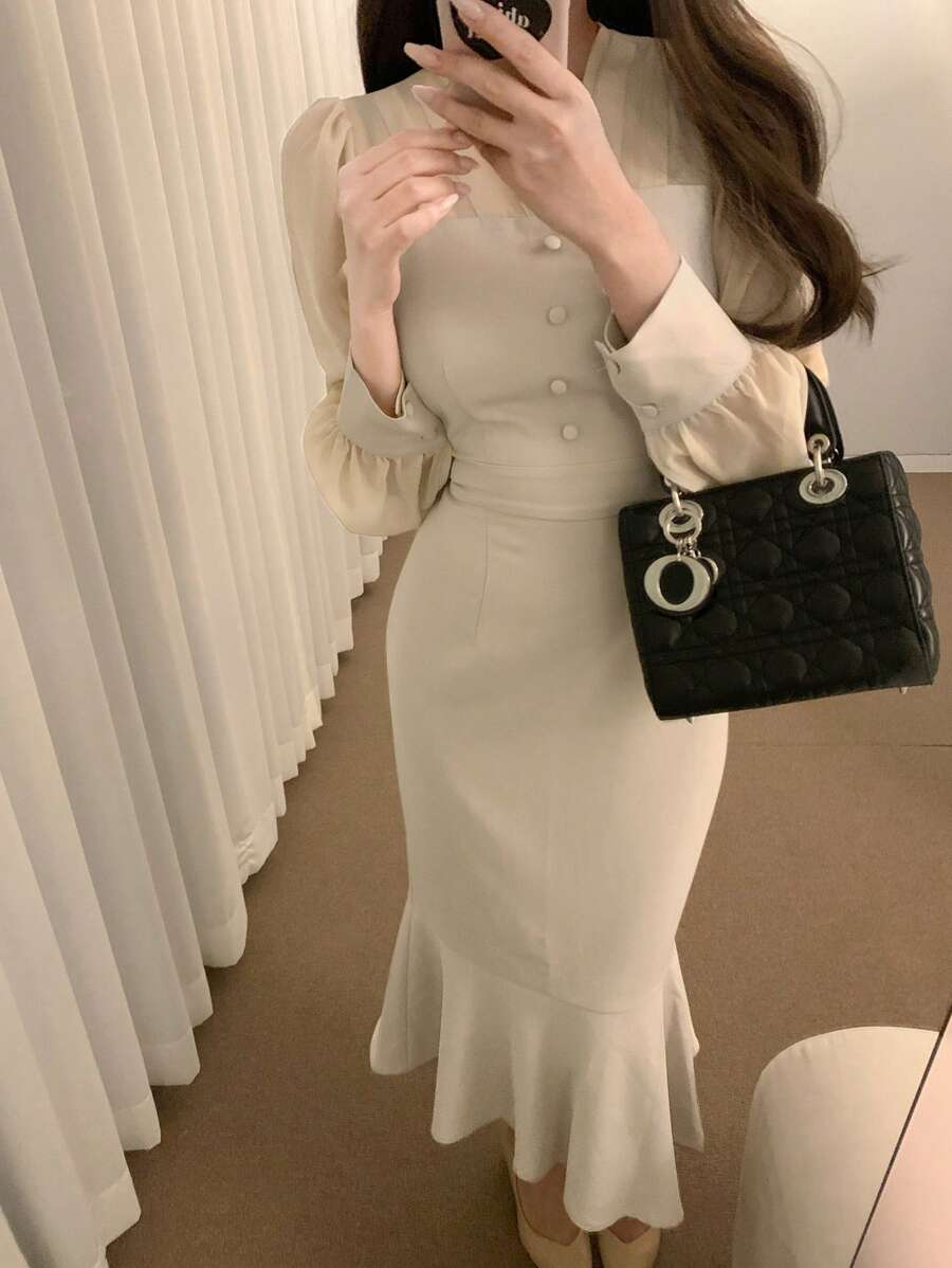 DAZY V领雪纺拼接优雅法式收腰美人鱼下摆长裙女士荷叶边秋季连衣裙长袖连衣裙 - 杏色 - 查看 1