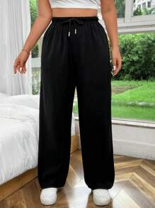 Sweetra Pantalones anchos de talla grande de unicolor casual con cordón y cintura elástica