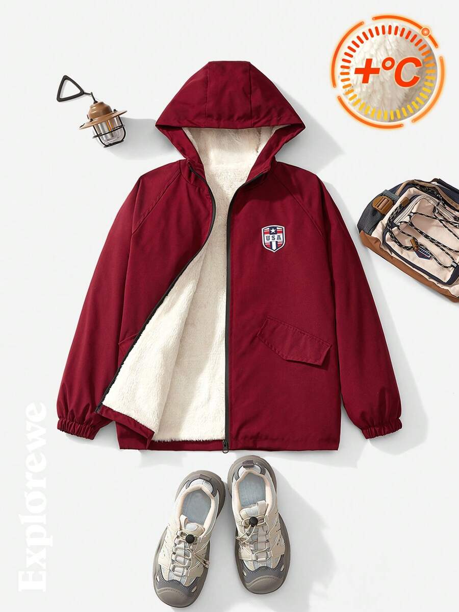 SHEIN 1pc Tween Boy Thermal Lined Hooded Jacket, Urban Casual Style, Comfortable And Warm, Suitable For City Outdoor Activities, Sports, School, Parties, Everyday Wear, Autumn/Winter