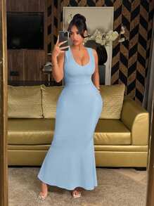 SHEIN SXY Váy mùa hè Váy lễ Phục sinh Váy mềm Váy dạ hội Váy dự tiệc màu trắng Váy đỏ Váy gợi cảm Váy đuôi cá xếp nếp hở lưng thanh lịch - Màu xanh nhạt - Xem 5