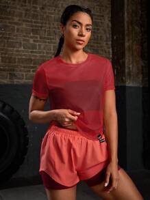 Powerista 女式纯色圆领短袖运动休闲T恤健身衫 - 酒紅色 - 查看 3