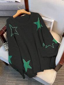 SHEIN LUNE Women's Star Pattern Jacquard Knit Crew Neck Sweater - Black - View 5