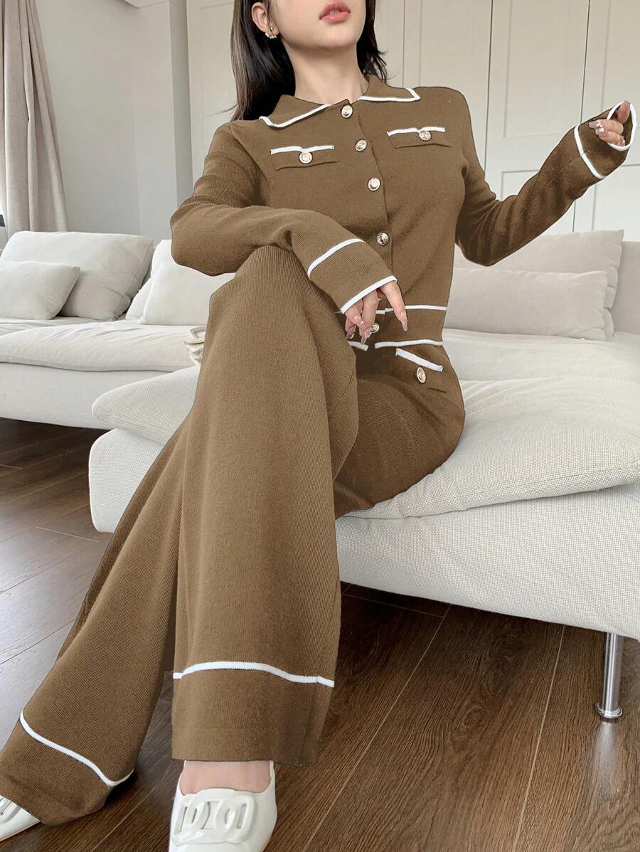 Modelyn 2pcs/Set Women Contrast Trim Button Front Blouse And Skirt Set 2 Pieces Set - Camel - View 1