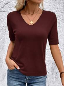 SHEIN Clasi Women V-Neck Short Sleeve Solid Color Casual Knit Sweater, Autumn/Winter
