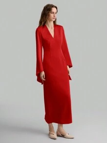 Ontre Women V-Neck Long Sleeve Irregularly Flared Sleeve Dress, Holiday Party Formal Outfit, Long Dress, Cardinal Red, Autumn/Spring - Red - View 6