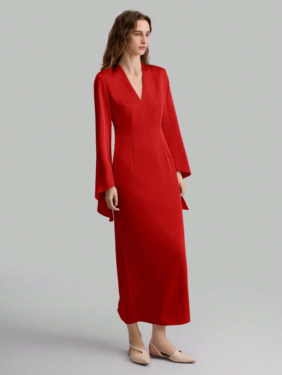 Women V-Neck Long Sleeve Irregularly Flared Sleeve Dress, Holiday Party Formal Outfit, Long Dress, Cardinal Red, Autumn/Spring