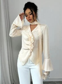 Elenzga Women's Elegant Solid Color Flared Sleeve Blouse
