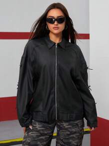 Street Style Bow Decor Coated Women Jacket Fall Cloth For Women - Black - View 5