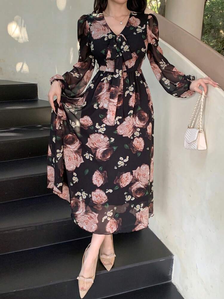 Autumn New Floral Print V-Neck Lantern Sleeve Elegant Long Dress For Women Maxi Dress