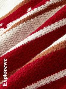 SHEIN Tween Girl 条纹字母印花圆领长袖宽松针织毛衣，秋冬 - 彩色 - 查看 7