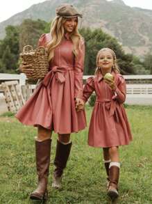 SHEIN 1 Stück Rosa Leder-Optik Minimalistischer Stehkragen Reißverschluss Taillengürtel Puffärmel Mutter-Tochter Passende Kleider (Outfits separat erhältlich) - Pink - Übersicht 1