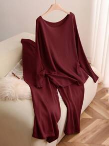 SHEIN Frenchy Plus Size Solid Color Crew Neck Long Sleeve Sweater And Pants Casual Outfits,Fall Sweaters - Burgundy - View 2