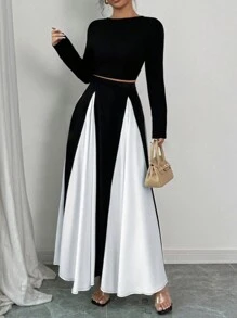 INAWLY Plus Size Elegant Solid Cropped Top And Contrasting Patchwork Skirt 2Pcs Set, Autumn Spring Clothes - Black - View 3