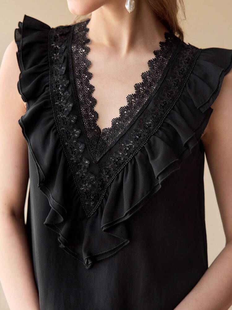 CONTRAST LACE RUFFLE TRIM SLEEVELESS BLOUSE,SPRING/SUMMER