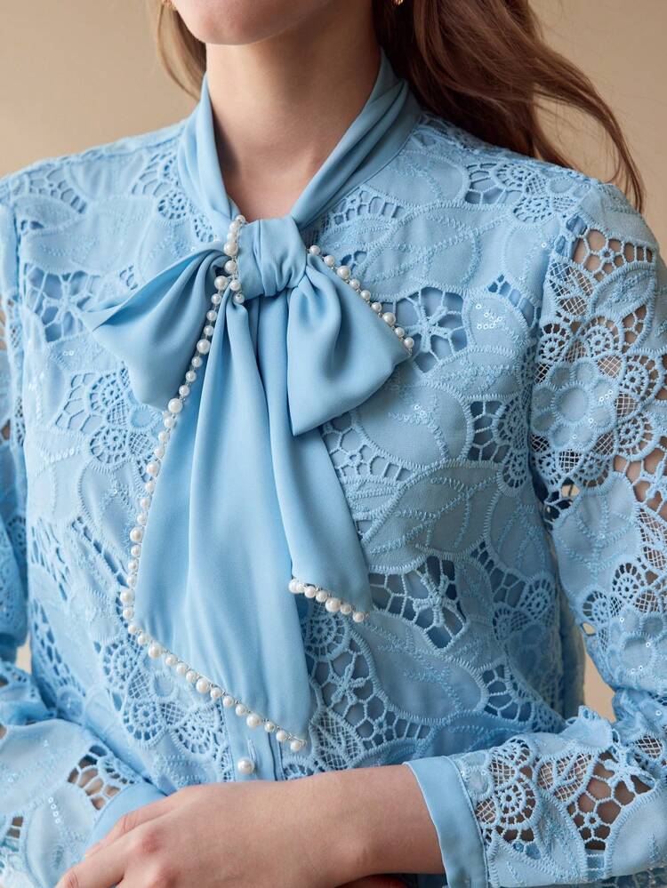 FLORAL EMBROIDERY TIE NECK BLOUSE,SPRING/SUMMER