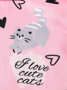 SHEIN 女婴情人节可爱卡通字母与心形图案圆领落肩长袖上衣和裤子 4 件套舒适柔软睡衣套装 - 粉色 - 查看 5