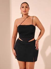 SHEIN BAE Plus Size Women's Elegant Black Herringbone Design Cami Top Suitable For Dating, Afternoon Tea, Party, Summer Valentine's Day Music Festival - Black - View 4