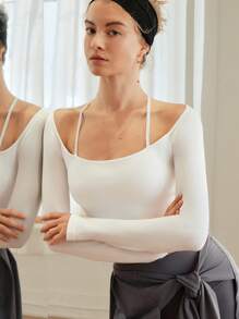 Activina 女士白色长袖露肩休闲运动上衣，适合芭蕾舞和日常穿着