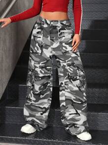 SHEIN EZwear Quần Jeans Ống Thẳng Đơn Giản, Đơn Giản, Rằn Ri, Túi Nút Phía Trước Cho Nữ - Nhiều màu - Xem 7