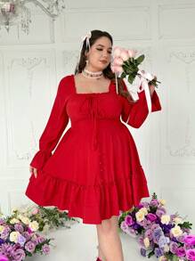 Lyrianda Plus Size Women's Square Neck Ruffle Long Sleeve Solid Red Romantic Princess Cute Waisted Mini Dress, Valentine's Day - Red - View 3