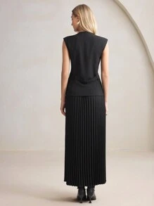 BizChic 2pcs/Set Women's Black Blazer Suit With Pleated A-Line Skirt, Office/Commuter Wear, Elegant For New Year, Spring/Summer - Black - View 5