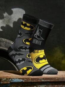 BATMAN X SHEIN 2 双英雄与蝙蝠徽标图案拼色中筒袜 - 彩色 - 查看 2