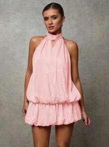 SHEIN BAE Váy ngắn hở lưng gợi cảm màu đỏ anh đào cho bạn gái/Trang phục Halloween/Trang phục Giáng sinh/Váy cocktail/Mùa tựu trường/Tiệc sinh nhật/Tiệc hộp đêm/Váy voan xếp ly hở lưng gợi cảm phong cách quần culottes cổ yếm thời trang mini/Váy ngắn màu đỏ/Trang phục hòa nhạc/Quần áo Giáng sinh cho nữ/Trang phục Halloween cho nữ - Màu Hồng baby - Xem 5