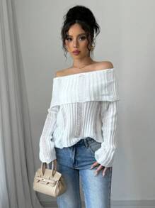 Chiquease Women's Solid Color Sexy Sheer Elegant Off Shoulder Long Sleeve Cropped Knitted Pullover Sweater Fall Winter - White - View 6