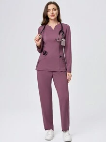 TaskEZ 2pcs Multi-Pocket Long Sleeve Top & Pants Nursing Scrub Uniform Set - Red Violet - View 1