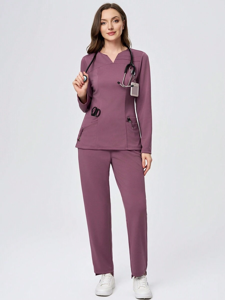TaskEZ 2pcs Multi-Pocket Long Sleeve Top & Pants Nursing Scrub Uniform Set - Red Violet - View 1