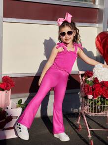 2pcs/Set Young Girl's Plain Crepe Fabric Bowknot Camisole Top And Flare Leg Pants, Elegant Fashion Design Suitable For Outing, School And All Seasons - Hot Pink - View 6