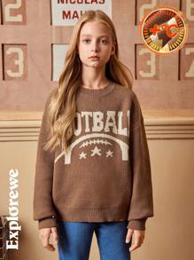 SHEIN 1 件休闲城市风格都市女孩橄榄球图案提花套头衫，秋冬季，中性，适合上学、聚会、日常穿着