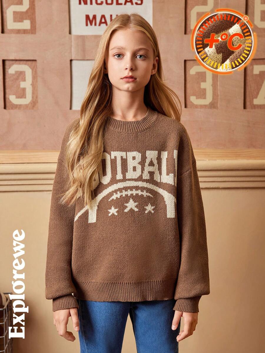 SHEIN 1 件休闲城市风格都市女孩橄榄球图案提花套头衫，秋冬季，中性，适合上学、聚会、日常穿着