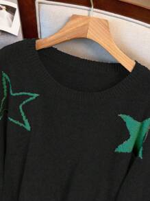 SHEIN LUNE Women's Star Pattern Jacquard Knit Crew Neck Sweater - Black - View 6